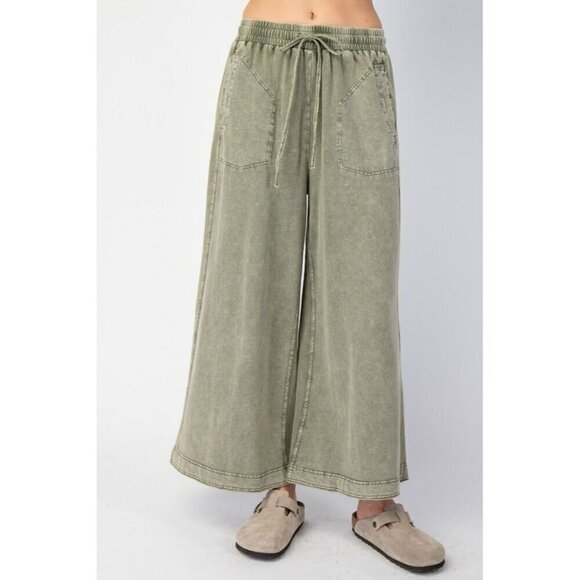 easel Pants - Cozy On The Go Mineral Washed Terry Knit Pants in Faded Olive